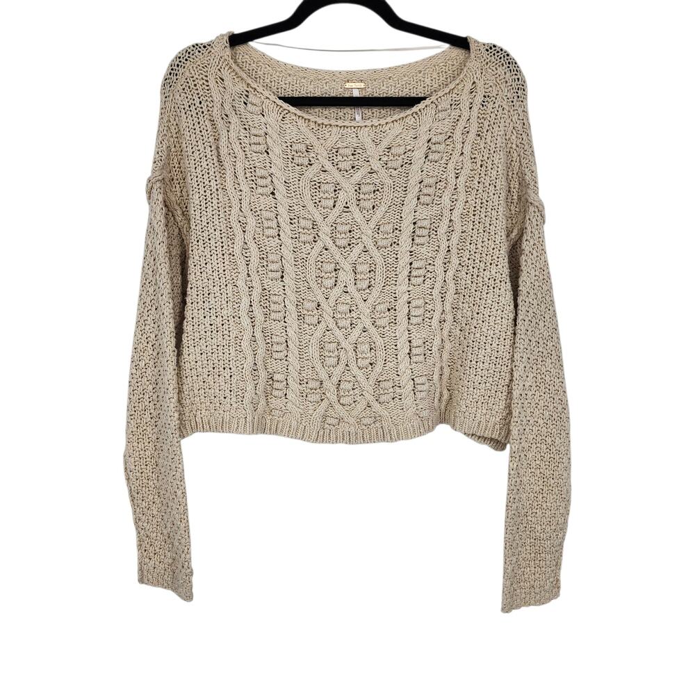 Free People Changing Tides Oatmeal Beige Cropped Cable Knit Sweater Size XS